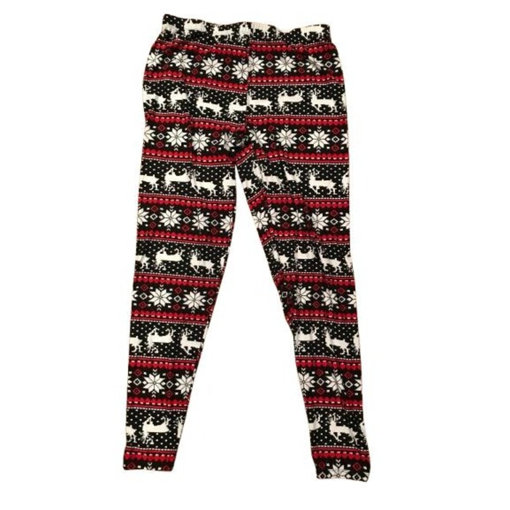 Women's Printed Holiday Leggings Black Red Reindeer One Size WHITE MARK 32x30